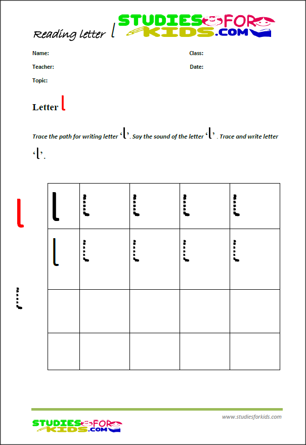 ABc writing worksheets letter L printable PDF