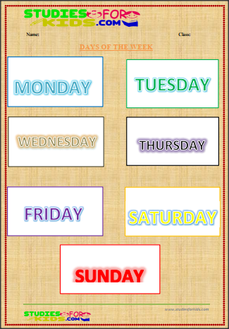 days of the week flashcards for kindergarten in English