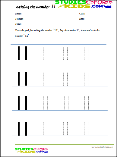 Tracing Number 11 Worksheets For Kindergarten