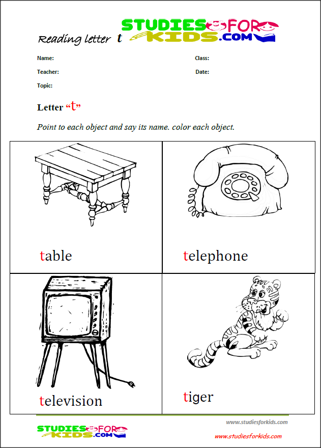 letter T coloring reading printable worksheets for kids PDF