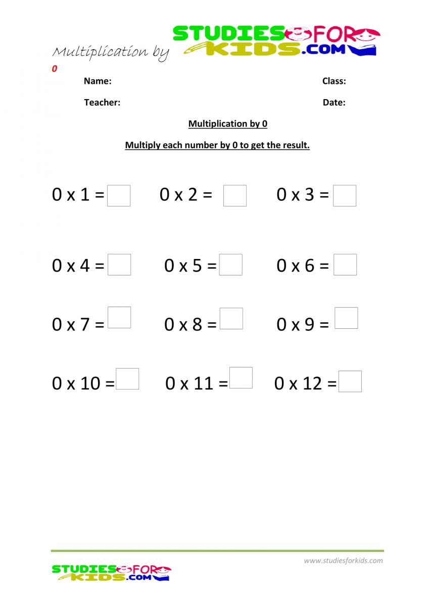 multiplication worksheets grade 2 pdf -Multiply each number by 0