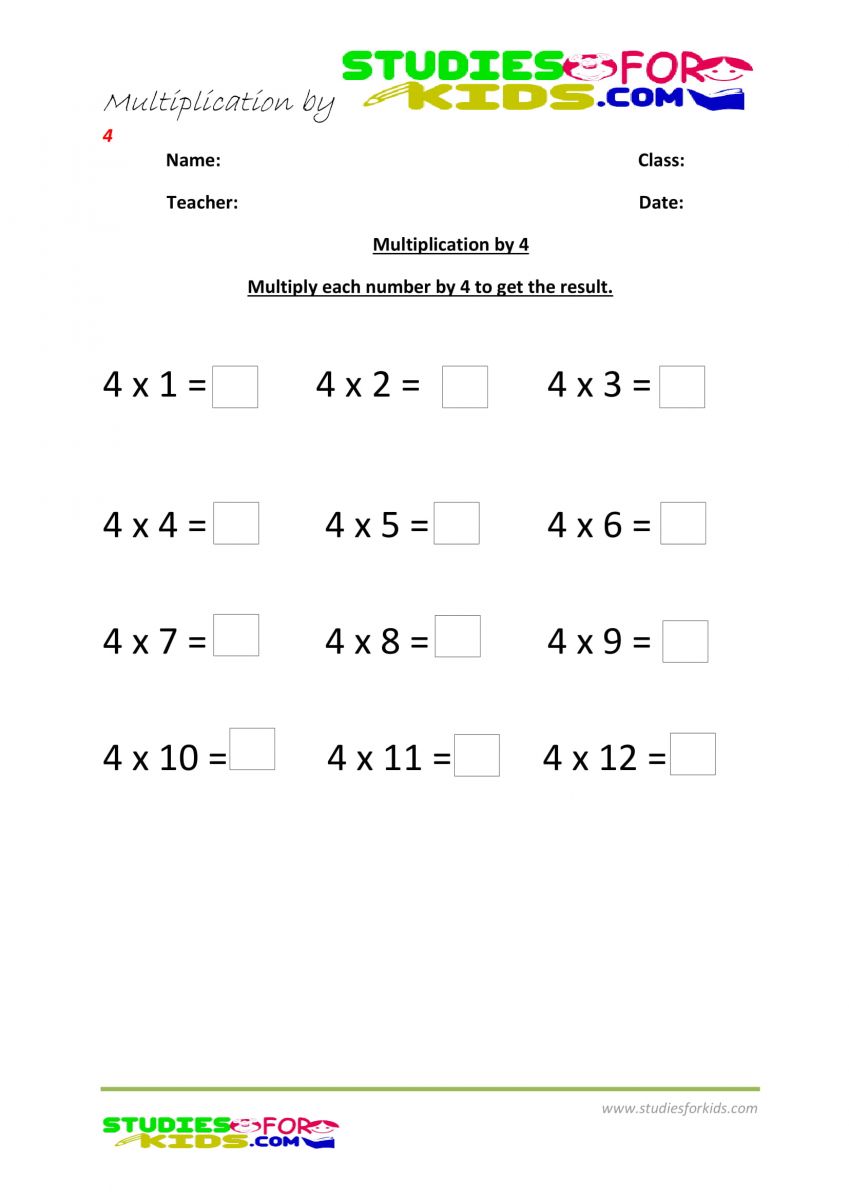 multiplication worksheets grade 3 pdf printable- multiply by 4
