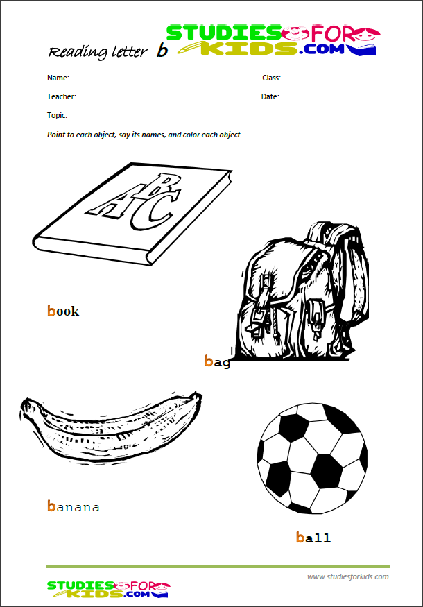 the letter b reading worksheets for kids, free printable PDF